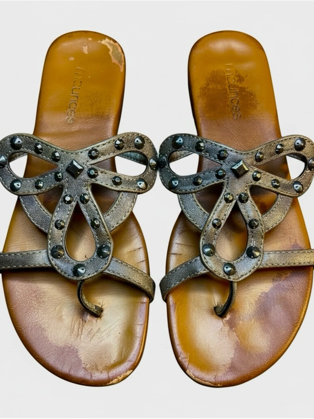 Maurices Metallic Bronze Studded Bow Toe-Loop Sandals